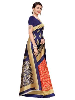 Red printed art silk saree with blouse 3