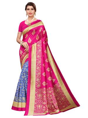 Blue printed art silk saree with blouse 1