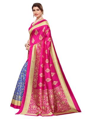 Blue printed art silk saree with blouse 2
