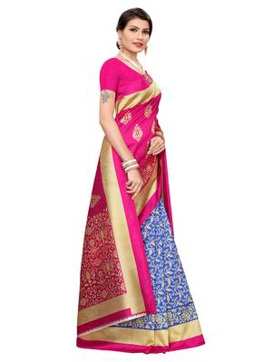 Blue printed art silk saree with blouse 3