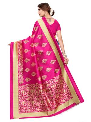Blue printed art silk saree with blouse 4