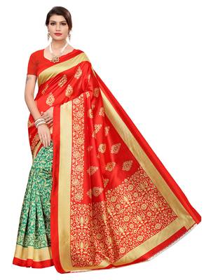 Green printed art silk saree with blouse 1