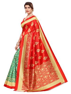 Green printed art silk saree with blouse 2