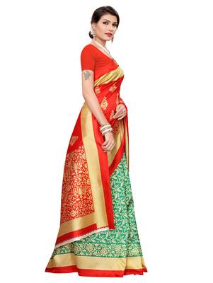 Green printed art silk saree with blouse 3