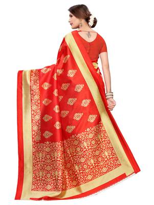 Green printed art silk saree with blouse 4