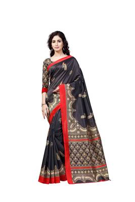 Black printed art silk saree with blouse 1