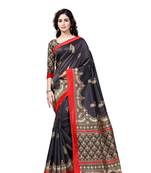 Black printed art silk saree with blouse