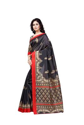 Black printed art silk saree with blouse 2