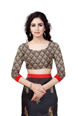 Black printed art silk saree with blouse 4