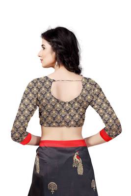 Black printed art silk saree with blouse 5