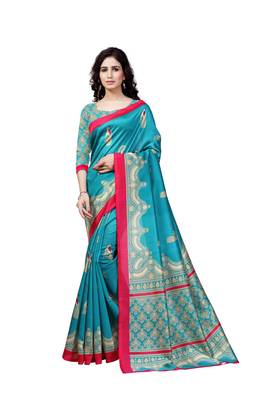 Aqua Blue Printed Art Silk Saree With Blouse 1