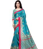 Aqua Blue Printed Art Silk Saree With Blouse