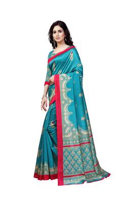 Aqua Blue Printed Art Silk Saree With Blouse 2