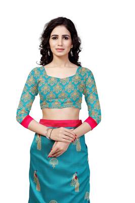 Aqua Blue Printed Art Silk Saree With Blouse 4