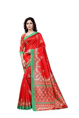 Red Printed Art Silk Saree With Blouse 1