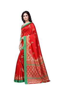 Red Printed Art Silk Saree With Blouse 2