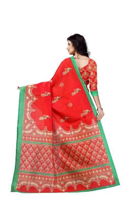 Red Printed Art Silk Saree With Blouse 3