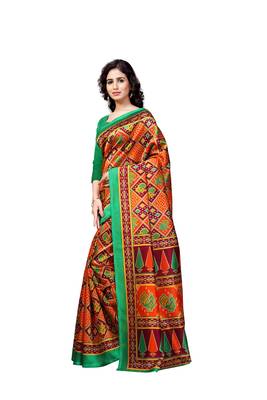 Orange Printed Art Silk Saree With Blouse 2