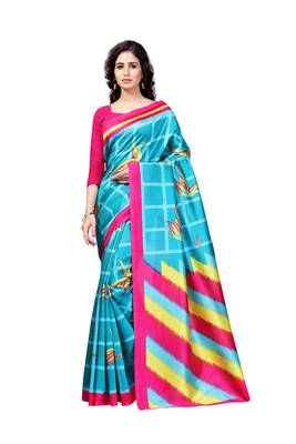Aqua Blue Printed Art Silk Saree With Blouse 1