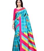 Aqua Blue Printed Art Silk Saree With Blouse