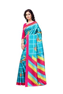 Aqua Blue Printed Art Silk Saree With Blouse 2
