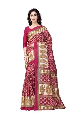 Maroon printed art silk saree with blouse 1