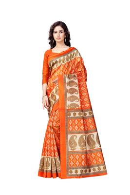 Orange printed art silk saree with blouse 1