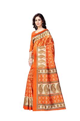 Orange printed art silk saree with blouse 2