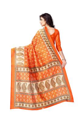 Orange printed art silk saree with blouse 3