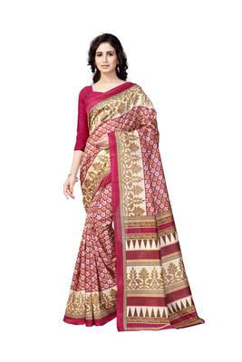 Maroon printed art silk saree with blouse 1