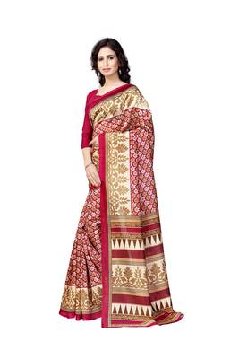 Maroon printed art silk saree with blouse 2