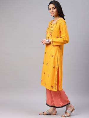 Mustard embroidered cotton chikankari-kurtis 3