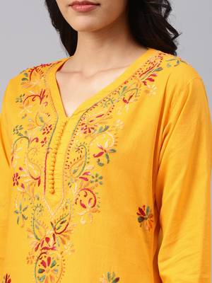 Mustard embroidered cotton chikankari-kurtis 4