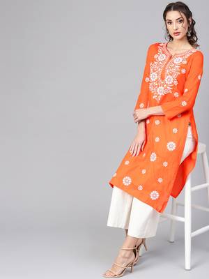 Orange embroidered cotton chikankari-kurtis 1