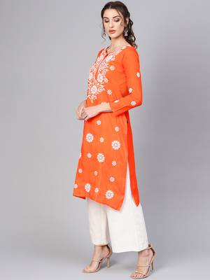 Orange embroidered cotton chikankari-kurtis 3