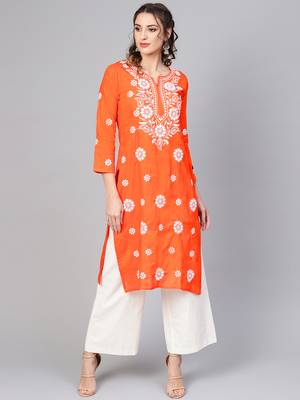 Orange embroidered cotton chikankari-kurtis 5