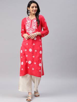 Red embroidered cotton chikankari-kurtis 1