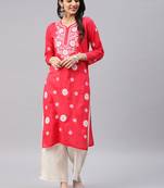 Red embroidered cotton chikankari-kurtis