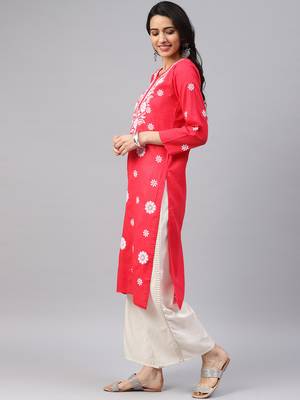 Red embroidered cotton chikankari-kurtis 3