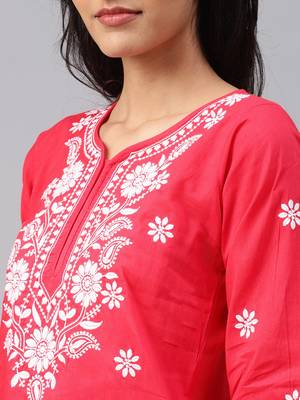 Red embroidered cotton chikankari-kurtis 4