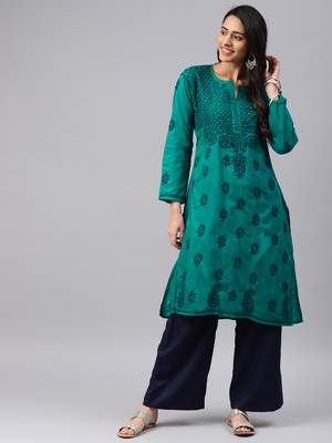 Teal-green embroidered cotton chikankari-kurtis 1