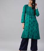 Teal-green embroidered cotton chikankari-kurtis