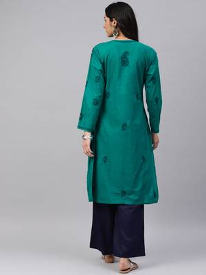Teal-green embroidered cotton chikankari-kurtis 2