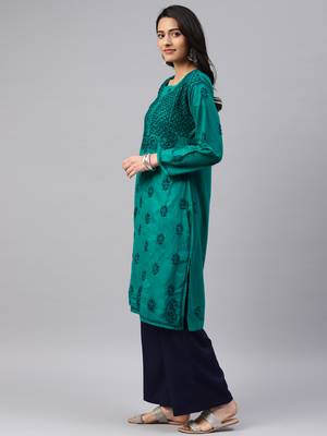 Teal-green embroidered cotton chikankari-kurtis 3