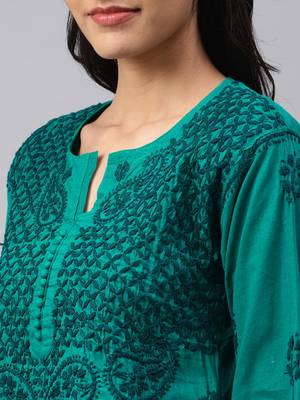 Teal-green embroidered cotton chikankari-kurtis 4