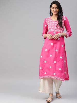 Hot-pink embroidered cotton chikankari-kurtis 1