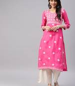 Hot-pink embroidered cotton chikankari-kurtis