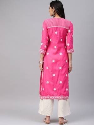 Hot-pink embroidered cotton chikankari-kurtis 2