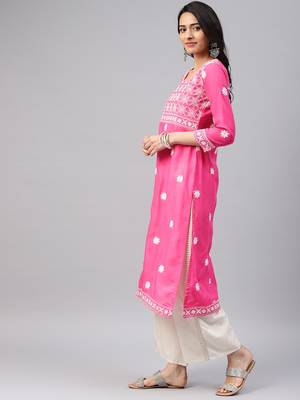 Hot-pink embroidered cotton chikankari-kurtis 3