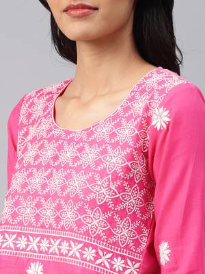 Hot-pink embroidered cotton chikankari-kurtis 4